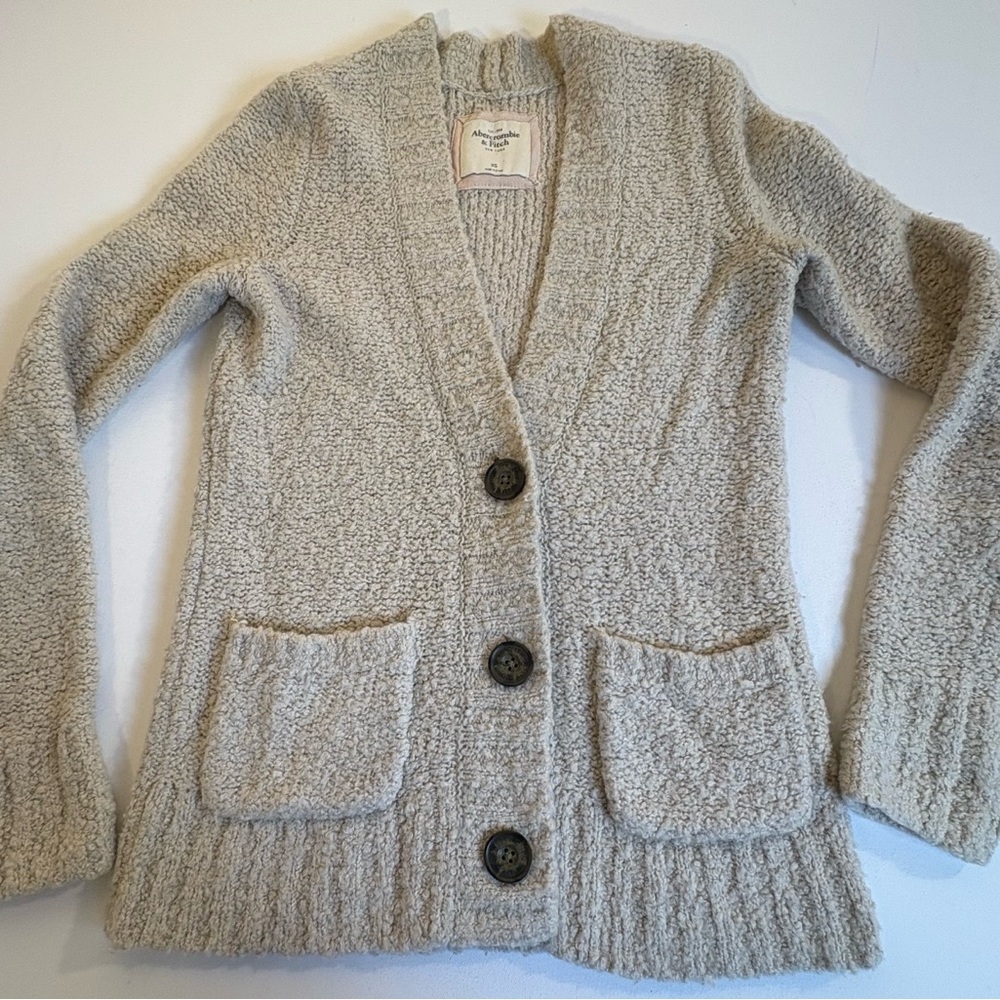 Abercrombie & Fitch XS Wool Blend Cardigan Oatmeal Cream Cozy Grandpa Sweater - Picture 3 of 8